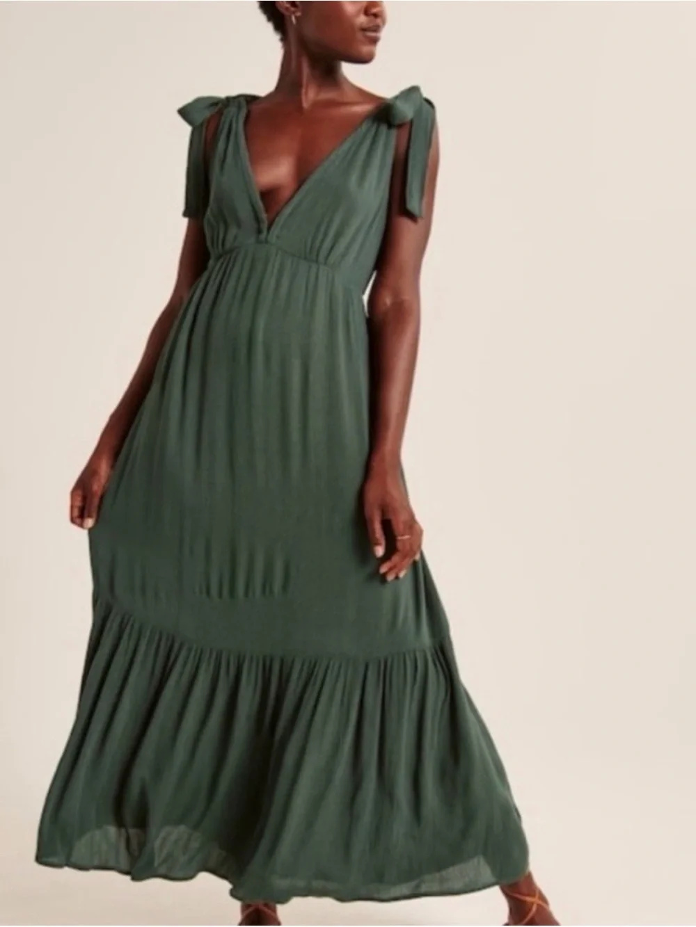 Abercrombie Tie-Shoulder Deep V Maxi Dress in Forest Green